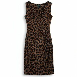 Lauren Ralph Lauren Leopard Sheath Dress Ruched V Neck Sleeveless Brown Size 2